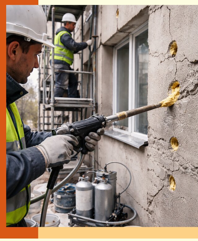 Заполнение пустот в фасаде и утепление стен в Апатитах